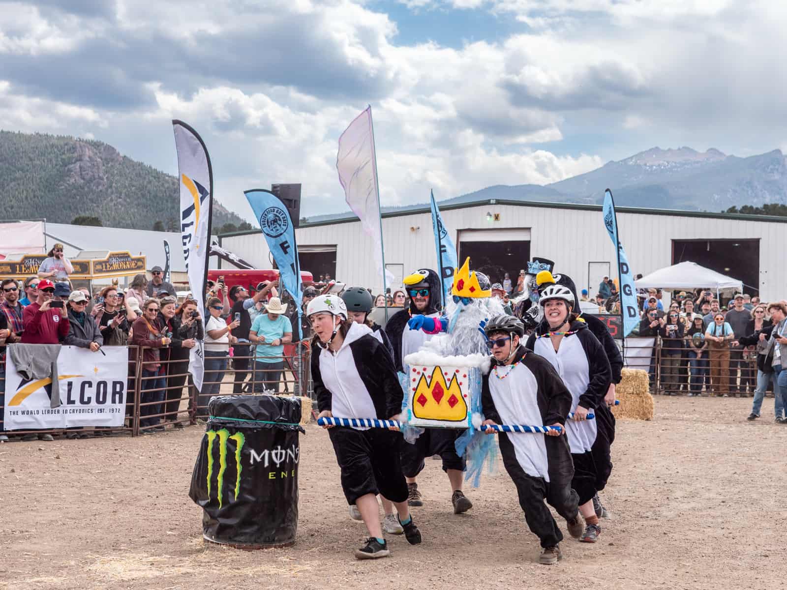 Racers dressed as penguins carry a crowned coffin down the course past cheering spectators.