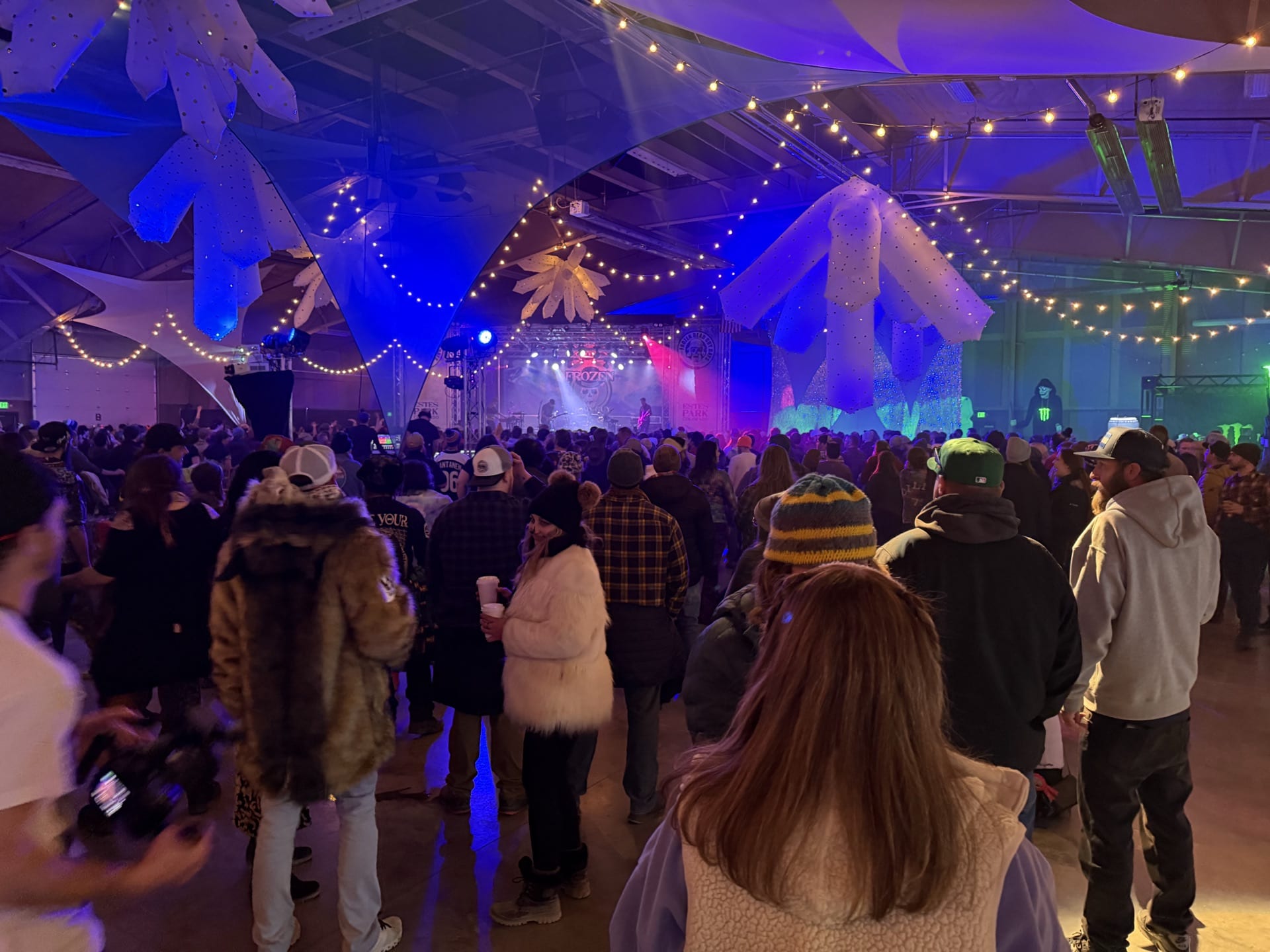 An indoor stage glows blue and purple over a crowd, giant snowflakes hanging above.
