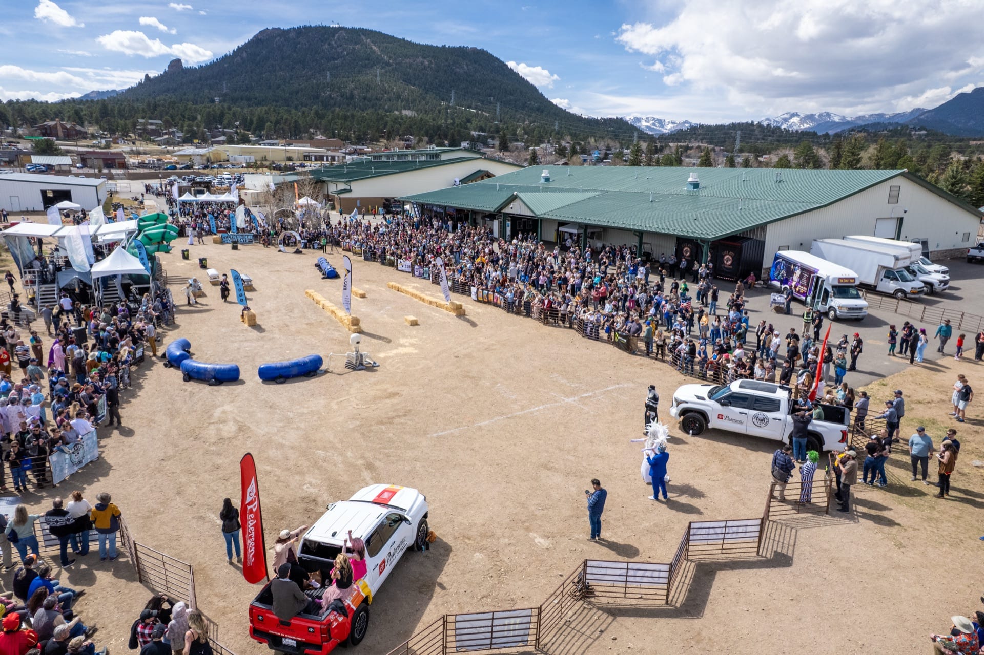 Aerial view of the coffin race course lined with spectators at the Estes Park Events Complex.