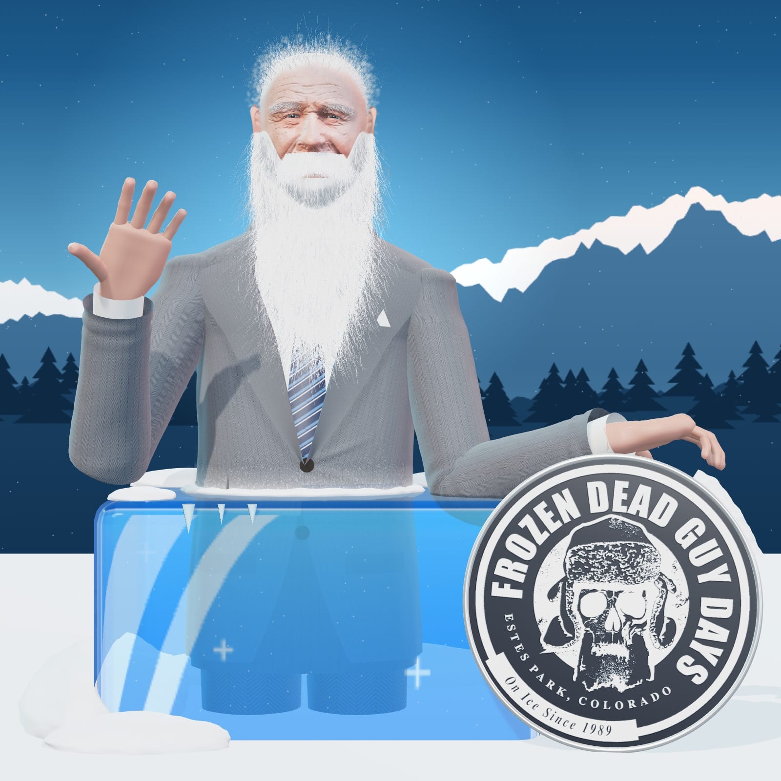 Grandpa Bredo in 3D: a smiling, white-haired grandfather in a grey suit and tie, frozen from the waist down in a big blue block of ice, waves and rests a hand on the Frozen Dead Guy Days badge in the snow, mountains behind