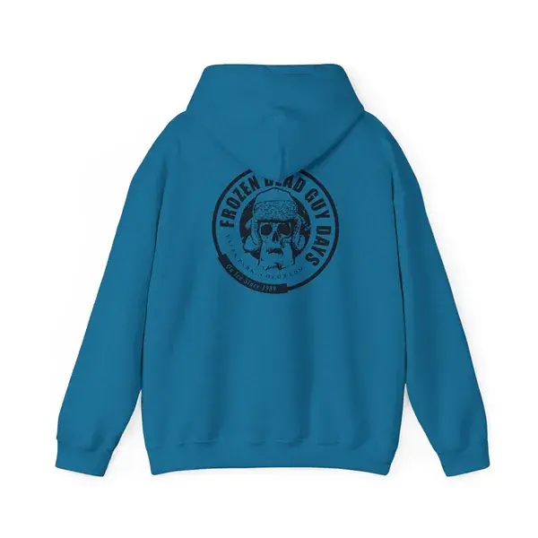 Aquatic blue hoodie with the skull badge on the back