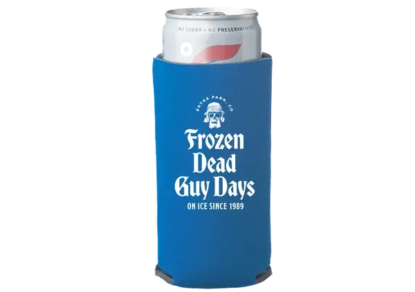 Blue slim can cooler reading Frozen Dead Guy Days, On Ice Since 1989
