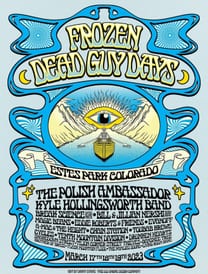 The 2023 Frozen Dead Guy Days poster by Danny Evans: a skeleton rows a golden boat toward an all-seeing eye between snowy mountains, above the full lineup.