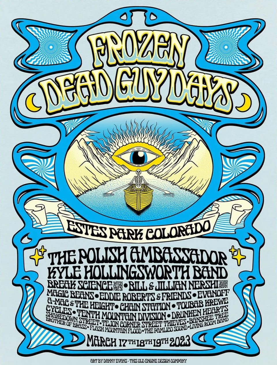 The 2023 Frozen Dead Guy Days poster by Danny Evans: a skeleton rows a golden boat toward an all-seeing eye between snowy mountains, above the full lineup.