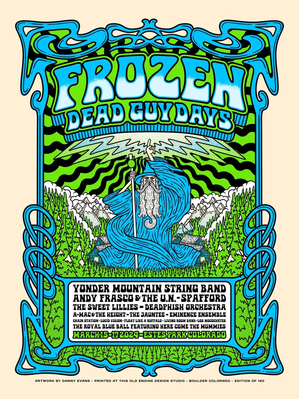 The 2024 Frozen Dead Guy Days poster by Danny Evans: a blue-robed wizard raises lightning over green mountains and cabins, above the full lineup.