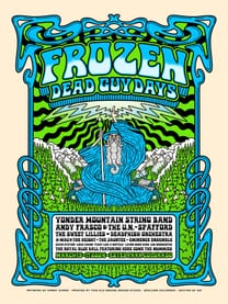 The 2024 Frozen Dead Guy Days poster by Danny Evans: a blue-robed wizard raises lightning over green mountains and cabins, above the full lineup.