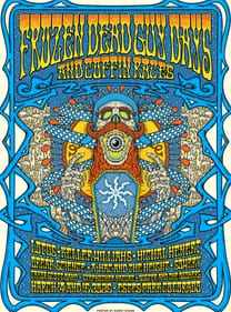 The 2025 Frozen Dead Guy Days and Coffin Races poster: a mustached skull over a coffin and checkered ribbons, the lineup below.