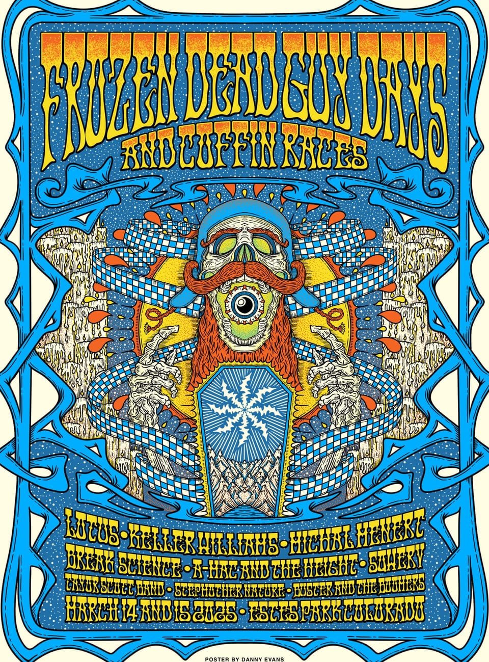 The 2025 Frozen Dead Guy Days and Coffin Races poster: a mustached skull over a coffin and checkered ribbons, the lineup below.