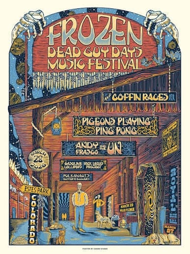 The 2026 Frozen Dead Guy Days Music Festival and Coffin Races poster by Danny Evans: a snowy Old West street at night hung with wooden signs naming the bands.