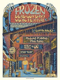 The 2026 Frozen Dead Guy Days Music Festival and Coffin Races poster by Danny Evans: a snowy Old West street at night hung with wooden signs naming the bands.