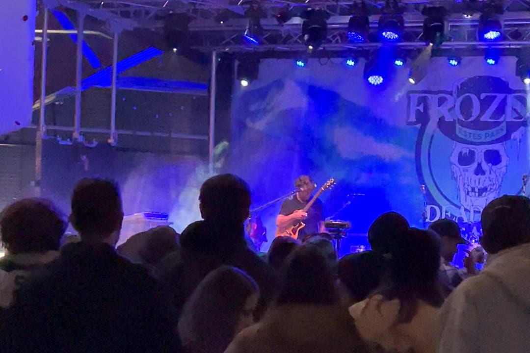 A guitarist plays in blue light before a Frozen Dead Guy Days skull backdrop as the crowd watches.