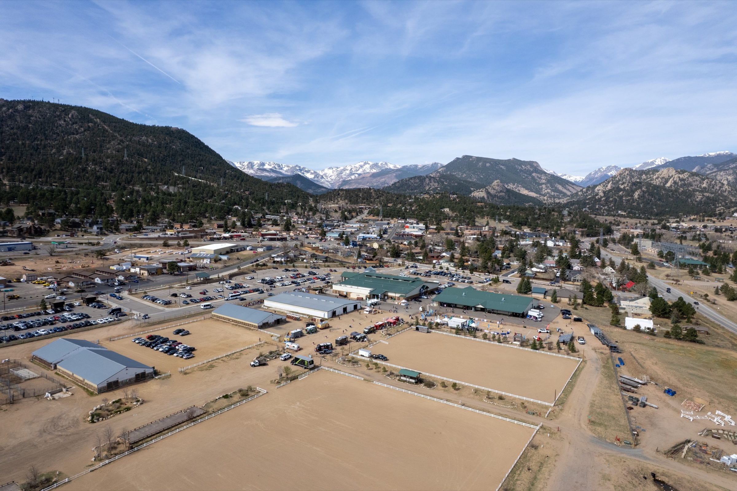 Estes Park and the Events Complex from above, the Continental Divide behind.