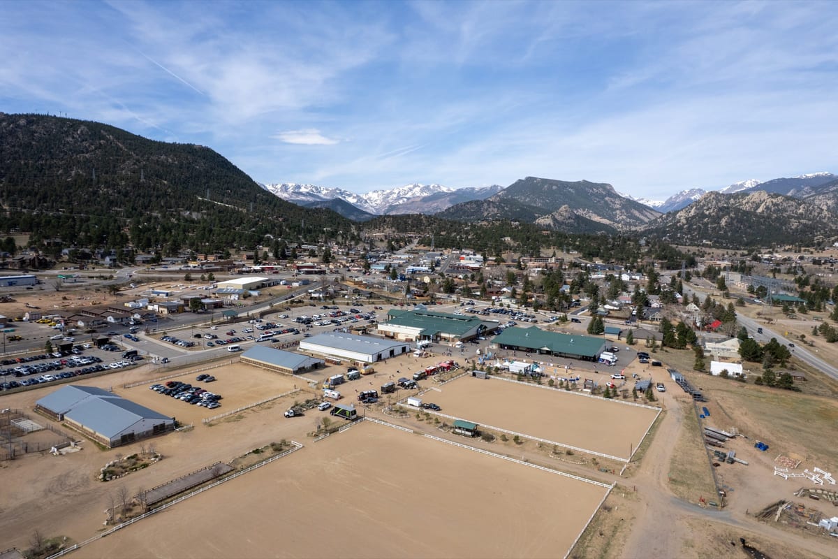 Estes Park and the Events Complex from above, the Continental Divide behind.